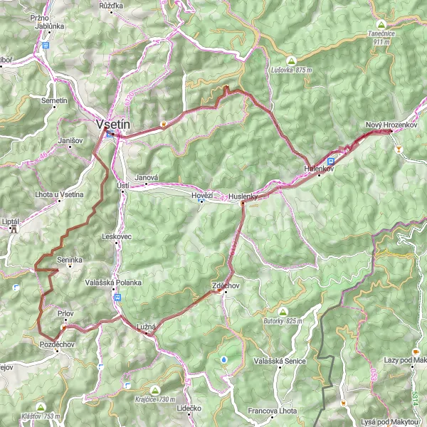 Mapa miniatúra "Gravelová cesta po Zlínském kraji" cyklistická inšpirácia v Střední Morava, Czech Republic. Vygenerované cyklistickým plánovačom trás Tarmacs.app