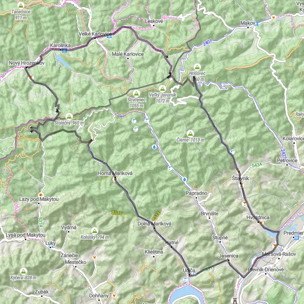 Miniaturní mapa "Přes Nový Hrozenkov a Žliabok" inspirace pro cyklisty v oblasti Střední Morava, Czech Republic. Vytvořeno pomocí plánovače tras Tarmacs.app