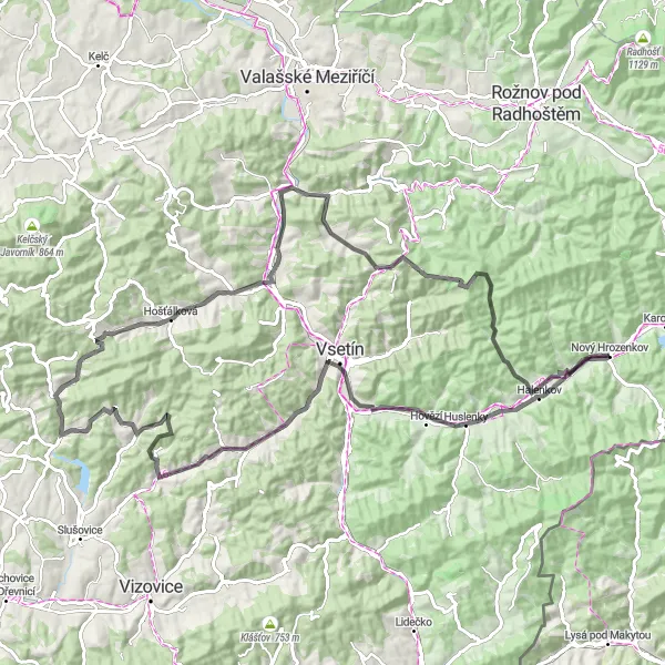 Mapa miniatúra "Okruh přes Huslenky a Jablůnku" cyklistická inšpirácia v Střední Morava, Czech Republic. Vygenerované cyklistickým plánovačom trás Tarmacs.app