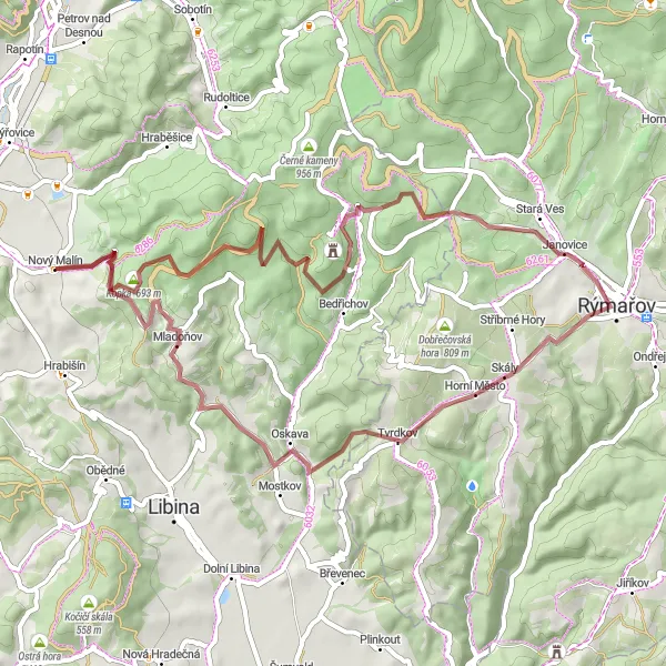 Map miniature of "Gravel Adventure in the Moravian Countryside" cycling inspiration in Střední Morava, Czech Republic. Generated by Tarmacs.app cycling route planner