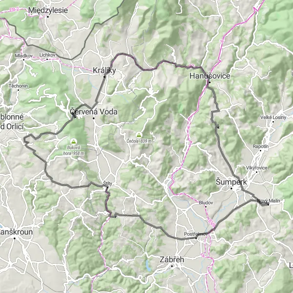 Miniaturní mapa "Orlické Hory Ride" inspirace pro cyklisty v oblasti Střední Morava, Czech Republic. Vytvořeno pomocí plánovače tras Tarmacs.app