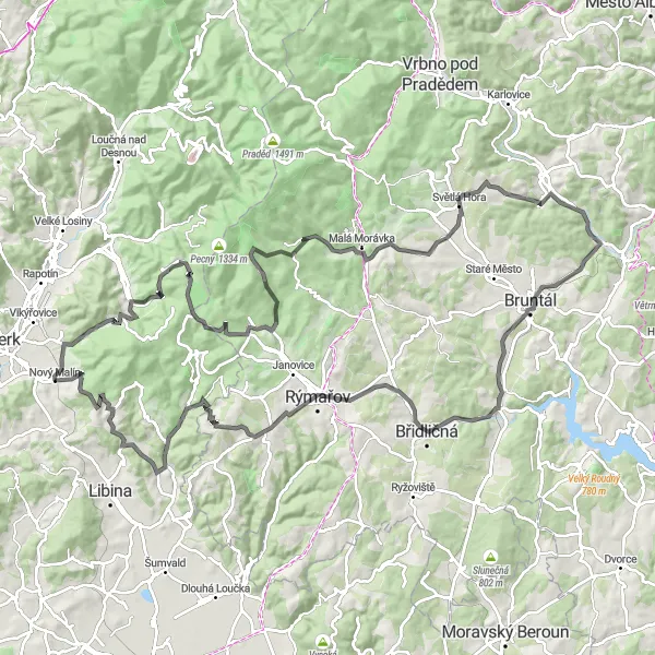 Miniaturní mapa "Silniční výlet kolem Mlýnského vrchu a Jamartic" inspirace pro cyklisty v oblasti Střední Morava, Czech Republic. Vytvořeno pomocí plánovače tras Tarmacs.app