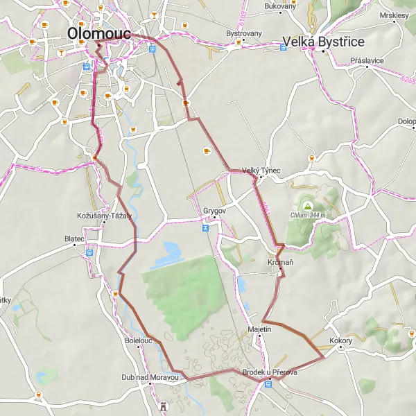 Miniaturní mapa "Gravel Kolební trasa Olomouc - Orloj" inspirace pro cyklisty v oblasti Střední Morava, Czech Republic. Vytvořeno pomocí plánovače tras Tarmacs.app
