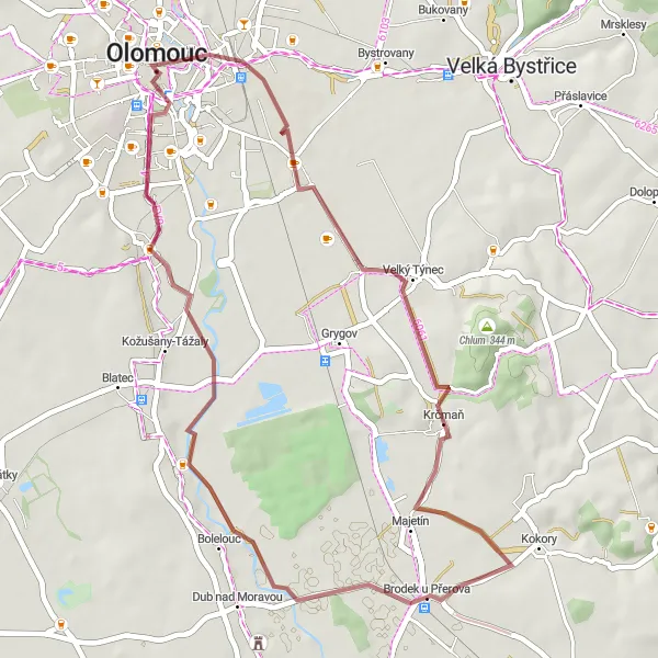 Mapa miniatúra "Kolem Olomouce a Krčmaň" cyklistická inšpirácia v Střední Morava, Czech Republic. Vygenerované cyklistickým plánovačom trás Tarmacs.app