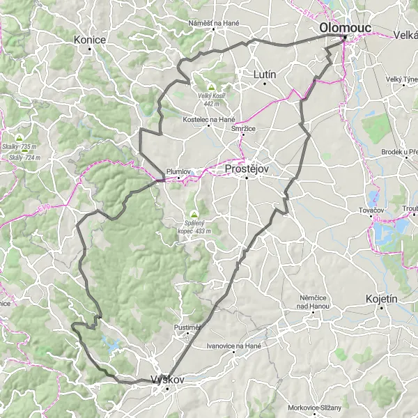 Miniaturní mapa "Silniční cyklotrasa Bystročice - Orloj" inspirace pro cyklisty v oblasti Střední Morava, Czech Republic. Vytvořeno pomocí plánovače tras Tarmacs.app