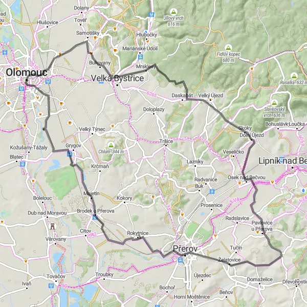 Miniaturní mapa "Cestní trasa okolo Olomouce" inspirace pro cyklisty v oblasti Střední Morava, Czech Republic. Vytvořeno pomocí plánovače tras Tarmacs.app