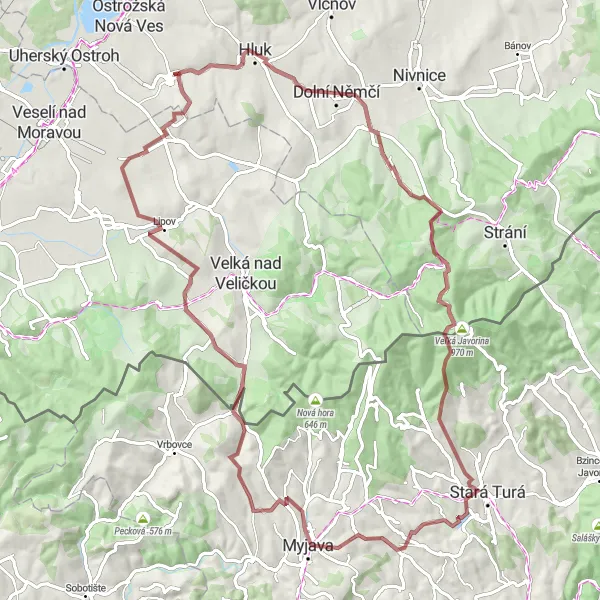 Miniaturní mapa "Challenging gravel route in Střední Morava" inspirace pro cyklisty v oblasti Střední Morava, Czech Republic. Vytvořeno pomocí plánovače tras Tarmacs.app