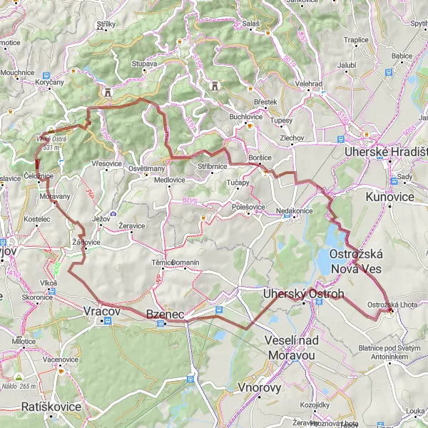 Mapa miniatúra "Gravelová trasa Uherský Ostroh" cyklistická inšpirácia v Střední Morava, Czech Republic. Vygenerované cyklistickým plánovačom trás Tarmacs.app