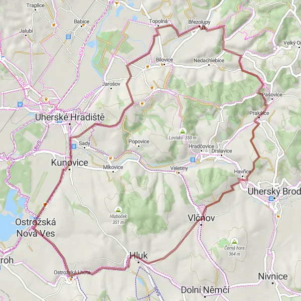 Miniaturní mapa "Gravel route through Moravian countryside" inspirace pro cyklisty v oblasti Střední Morava, Czech Republic. Vytvořeno pomocí plánovače tras Tarmacs.app