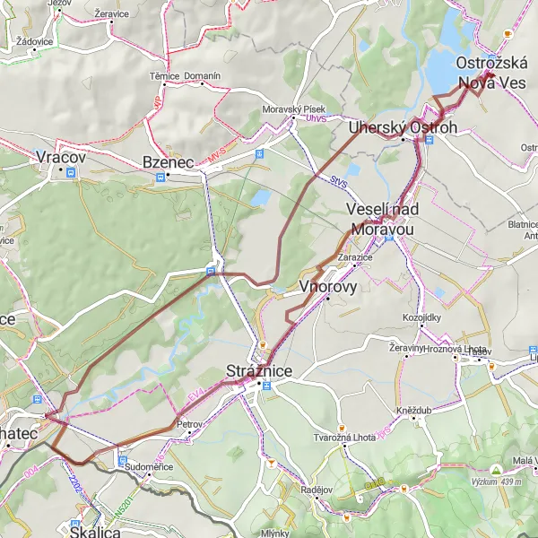 Mapa miniatúra "Gravelová cyklotrasa okolo Ostrožské Nové Vsi" cyklistická inšpirácia v Střední Morava, Czech Republic. Vygenerované cyklistickým plánovačom trás Tarmacs.app