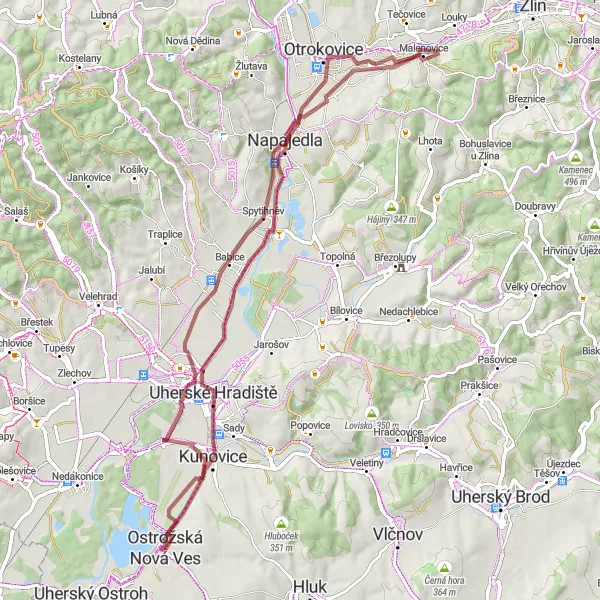 Miniaturní mapa "Jízda po štěrkových cestách" inspirace pro cyklisty v oblasti Střední Morava, Czech Republic. Vytvořeno pomocí plánovače tras Tarmacs.app