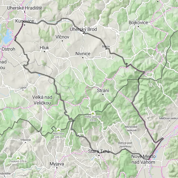 Karten-Miniaturansicht der Radinspiration "Hügeliges road-Bike-Abenteuer von Ostrožská Nová Ves" in Střední Morava, Czech Republic. Erstellt vom Tarmacs.app-Routenplaner für Radtouren