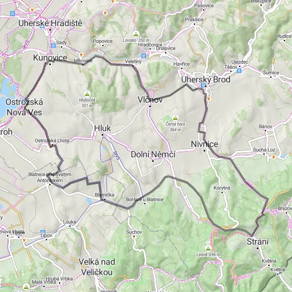 Mapa miniatúra "Cyklotúra okolo Ostrožskej Novej Vsi" cyklistická inšpirácia v Střední Morava, Czech Republic. Vygenerované cyklistickým plánovačom trás Tarmacs.app