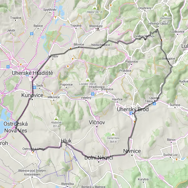 Miniaturní mapa "Okolím Ostrožské Nové Vsi" inspirace pro cyklisty v oblasti Střední Morava, Czech Republic. Vytvořeno pomocí plánovače tras Tarmacs.app