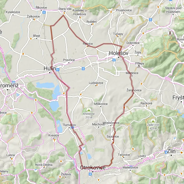 Miniaturní mapa "Gravel route k Rymicím a Lechoticím" inspirace pro cyklisty v oblasti Střední Morava, Czech Republic. Vytvořeno pomocí plánovače tras Tarmacs.app