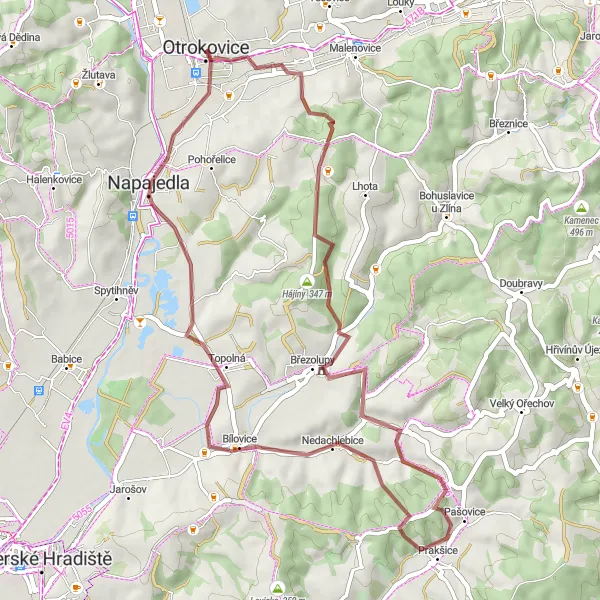 Mapa miniatúra "Gravelová exkurze do Karlovic a Nedachlebic" cyklistická inšpirácia v Střední Morava, Czech Republic. Vygenerované cyklistickým plánovačom trás Tarmacs.app