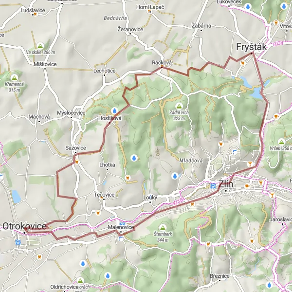 Miniaturní mapa "Kolečko okolo Zlína" inspirace pro cyklisty v oblasti Střední Morava, Czech Republic. Vytvořeno pomocí plánovače tras Tarmacs.app