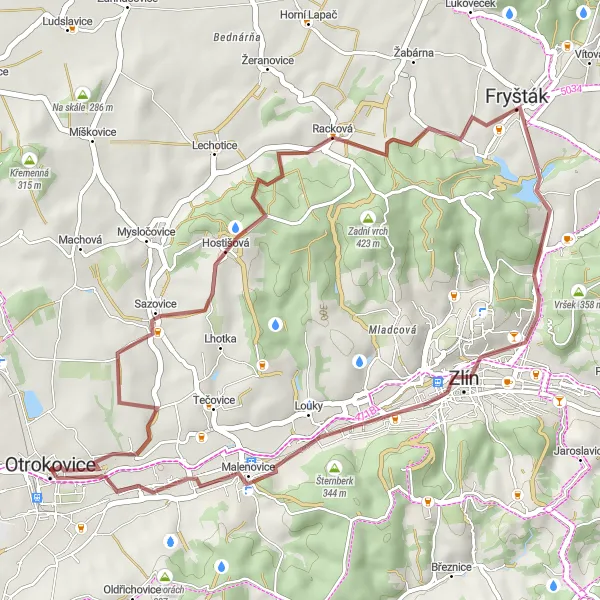 Mapa miniatúra "Gravel okruh Hostišová - Kvítkovice" cyklistická inšpirácia v Střední Morava, Czech Republic. Vygenerované cyklistickým plánovačom trás Tarmacs.app