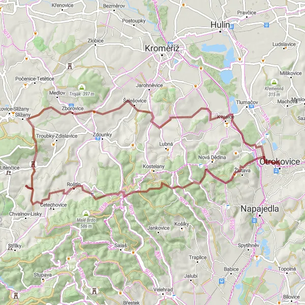 Miniaturní mapa "Gravelový okruh kolem Otrokovic" inspirace pro cyklisty v oblasti Střední Morava, Czech Republic. Vytvořeno pomocí plánovače tras Tarmacs.app