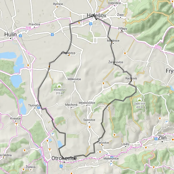 Mapa miniatúra "Okolím Otrokovic" cyklistická inšpirácia v Střední Morava, Czech Republic. Vygenerované cyklistickým plánovačom trás Tarmacs.app