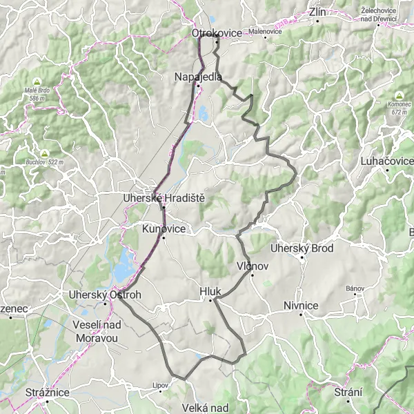 Miniaturní mapa "Okruh kolem Otrokovic" inspirace pro cyklisty v oblasti Střední Morava, Czech Republic. Vytvořeno pomocí plánovače tras Tarmacs.app