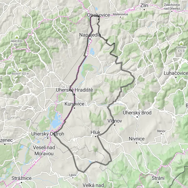 Mapa miniatúra "Okruh přes Újezdy a Kunovice" cyklistická inšpirácia v Střední Morava, Czech Republic. Vygenerované cyklistickým plánovačom trás Tarmacs.app