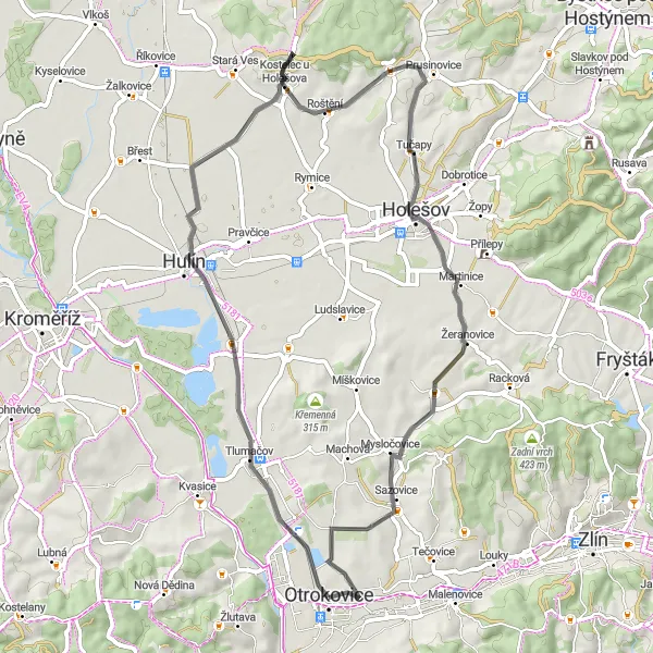 Mapa miniatúra "Cyklotrasa kolem Tlumačova a Kostelce u Holešova" cyklistická inšpirácia v Střední Morava, Czech Republic. Vygenerované cyklistickým plánovačom trás Tarmacs.app