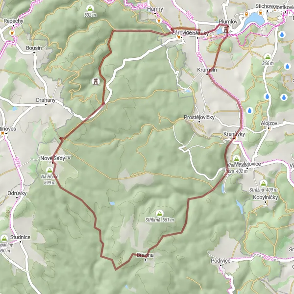 Mapa miniatúra "Zvučná kratšia jazda do Starého Plumlova" cyklistická inšpirácia v Střední Morava, Czech Republic. Vygenerované cyklistickým plánovačom trás Tarmacs.app