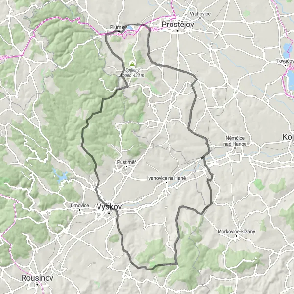 Miniaturní mapa "Kolo do Křečkovic a zpět" inspirace pro cyklisty v oblasti Střední Morava, Czech Republic. Vytvořeno pomocí plánovače tras Tarmacs.app