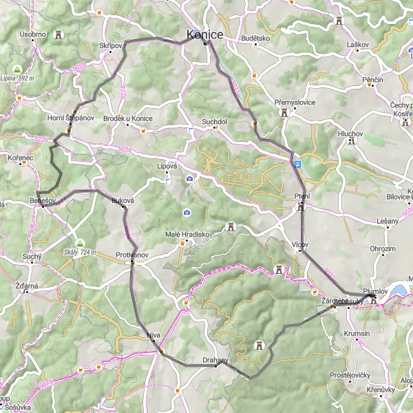 Karten-Miniaturansicht der Radinspiration "Hügeliges Abenteuer durch die Drahany Highlands" in Střední Morava, Czech Republic. Erstellt vom Tarmacs.app-Routenplaner für Radtouren