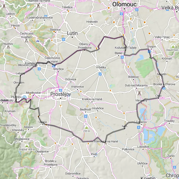 Mapa miniatúra "Road okruh přes Skřivan a Výšovice" cyklistická inšpirácia v Střední Morava, Czech Republic. Vygenerované cyklistickým plánovačom trás Tarmacs.app
