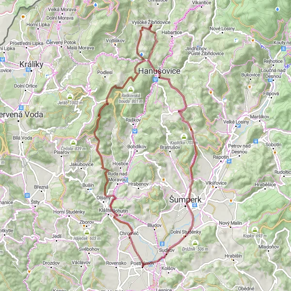 Mapa miniatúra "Okruh přes Chromeč a Rejchartice" cyklistická inšpirácia v Střední Morava, Czech Republic. Vygenerované cyklistickým plánovačom trás Tarmacs.app