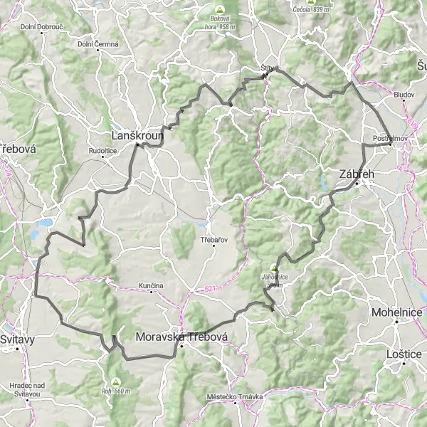 Mapa miniatúra "Road tripping kolem Stážky a Velké pláně" cyklistická inšpirácia v Střední Morava, Czech Republic. Vygenerované cyklistickým plánovačom trás Tarmacs.app