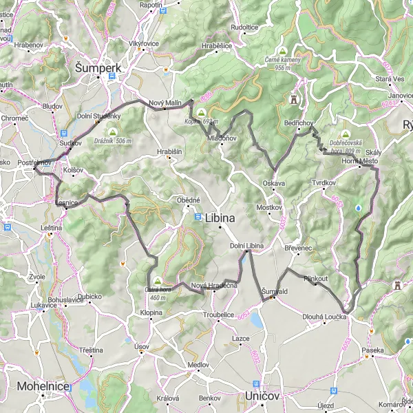 Map miniature of "Postřelmov and Surroundings" cycling inspiration in Střední Morava, Czech Republic. Generated by Tarmacs.app cycling route planner