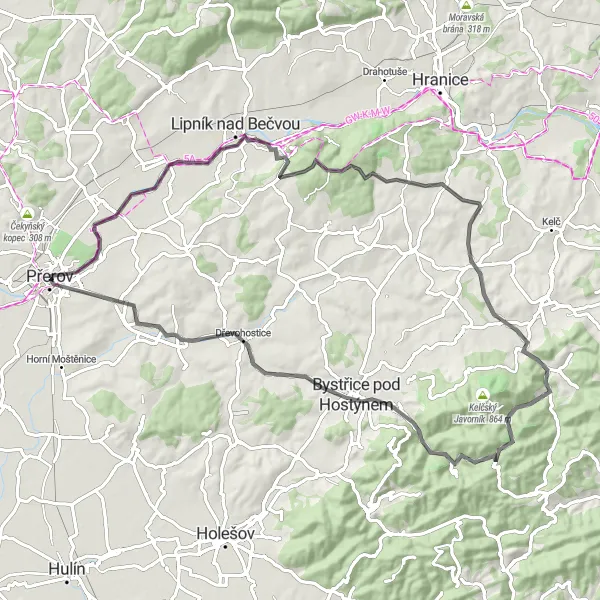Miniaturní mapa "Turistická cesta kolem Přerova" inspirace pro cyklisty v oblasti Střední Morava, Czech Republic. Vytvořeno pomocí plánovače tras Tarmacs.app