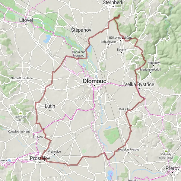 Miniatura mapy "Wycieczka gravelowa w okolicach Prostějova" - trasy rowerowej w Střední Morava, Czech Republic. Wygenerowane przez planer tras rowerowych Tarmacs.app