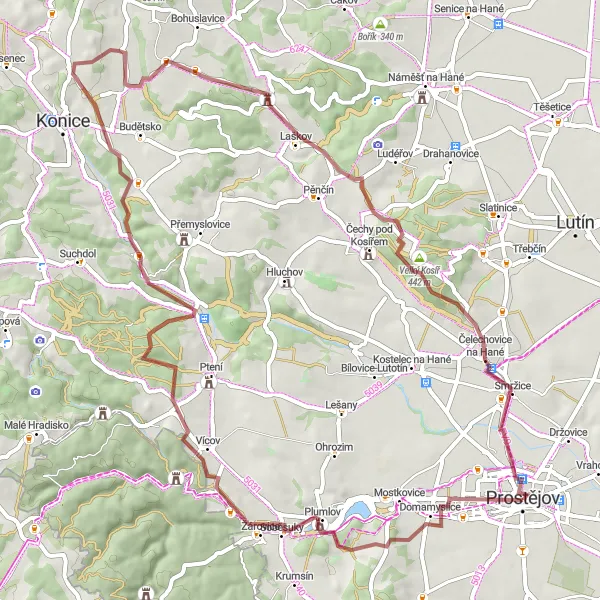 Mapa miniatúra "Gravelová cesta okolo Prostějova" cyklistická inšpirácia v Střední Morava, Czech Republic. Vygenerované cyklistickým plánovačom trás Tarmacs.app