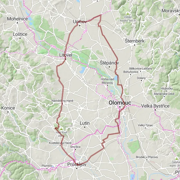 Mapa miniatúra "Gravelová trasa okolo Prostějova" cyklistická inšpirácia v Střední Morava, Czech Republic. Vygenerované cyklistickým plánovačom trás Tarmacs.app