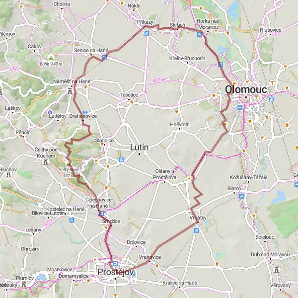 Miniaturní mapa "Gravelový okruh Haná" inspirace pro cyklisty v oblasti Střední Morava, Czech Republic. Vytvořeno pomocí plánovače tras Tarmacs.app