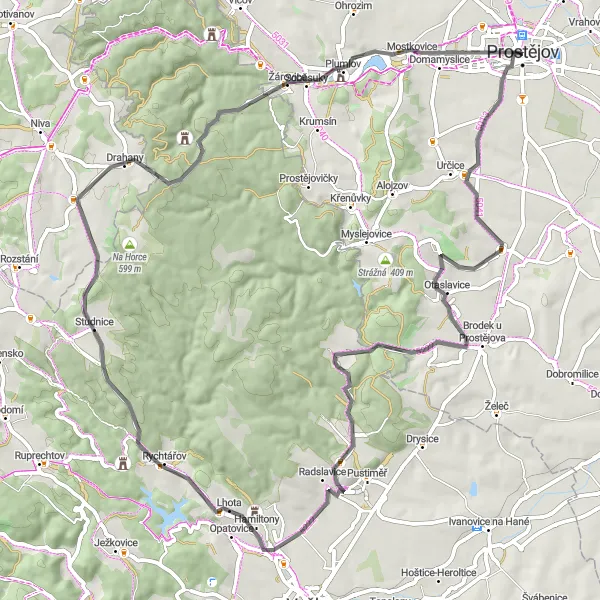 Miniaturní mapa "Road Sněhotice" inspirace pro cyklisty v oblasti Střední Morava, Czech Republic. Vytvořeno pomocí plánovače tras Tarmacs.app