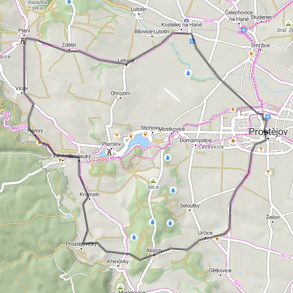 Mapa miniatúra "Road cyklo trasa kolem Prostějova" cyklistická inšpirácia v Střední Morava, Czech Republic. Vygenerované cyklistickým plánovačom trás Tarmacs.app