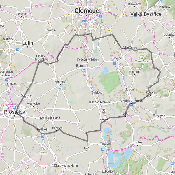 Miniaturní mapa "Okruh kolem Prostějova" inspirace pro cyklisty v oblasti Střední Morava, Czech Republic. Vytvořeno pomocí plánovače tras Tarmacs.app