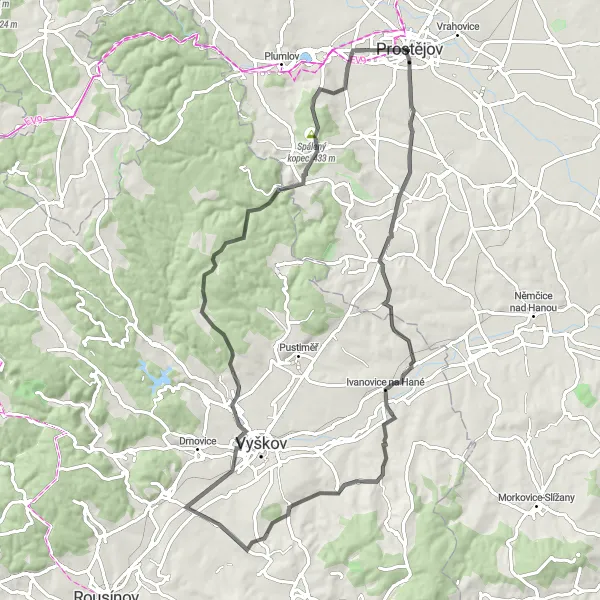 Miniaturní mapa "Výzva kolem Prostějova" inspirace pro cyklisty v oblasti Střední Morava, Czech Republic. Vytvořeno pomocí plánovače tras Tarmacs.app