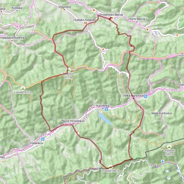 Miniaturní mapa "Gravelová trasa Prostřední Bečva - Hutisko-Solanec" inspirace pro cyklisty v oblasti Střední Morava, Czech Republic. Vytvořeno pomocí plánovače tras Tarmacs.app