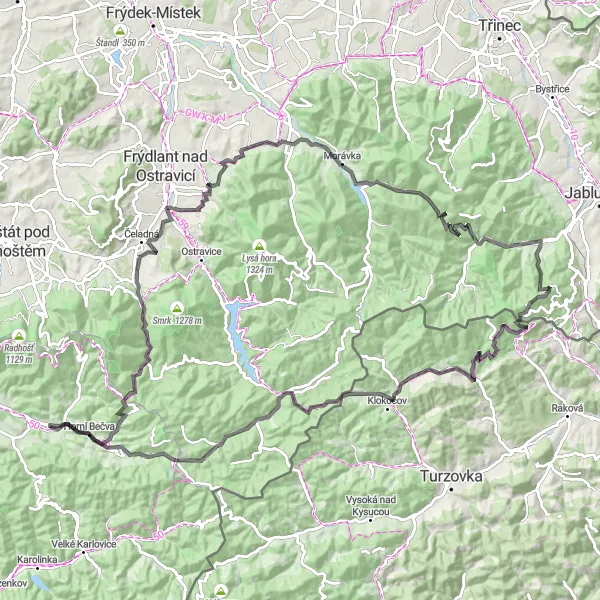 Map miniature of "Bečva Mountain Challenge" cycling inspiration in Střední Morava, Czech Republic. Generated by Tarmacs.app cycling route planner