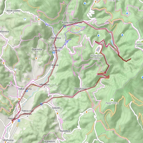 Miniaturní mapa "Okružní cyklistická trasa od Rapotína" inspirace pro cyklisty v oblasti Střední Morava, Czech Republic. Vytvořeno pomocí plánovače tras Tarmacs.app