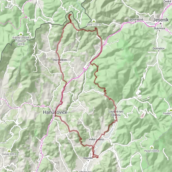 Miniaturní mapa "Gravelová cesta plná památek" inspirace pro cyklisty v oblasti Střední Morava, Czech Republic. Vytvořeno pomocí plánovače tras Tarmacs.app