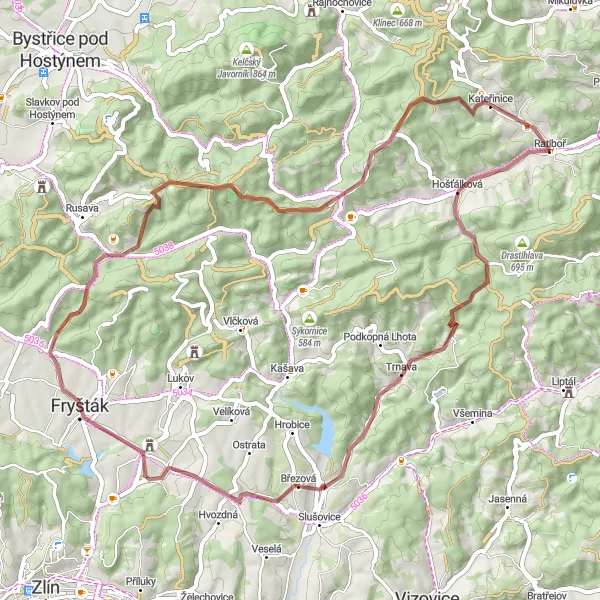 Miniaturní mapa "Gravelové putování okolo Trojáku" inspirace pro cyklisty v oblasti Střední Morava, Czech Republic. Vytvořeno pomocí plánovače tras Tarmacs.app
