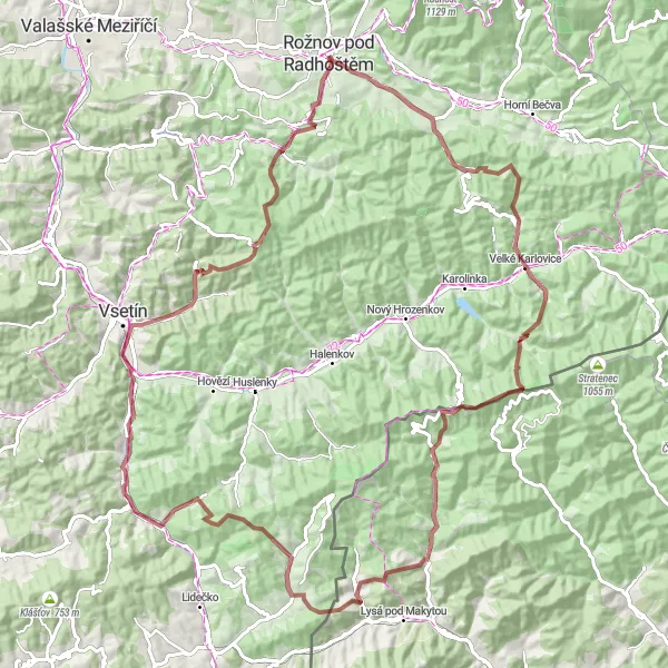 Miniaturní mapa "Okruh kolem Vsetína a Ledová galerie" inspirace pro cyklisty v oblasti Střední Morava, Czech Republic. Vytvořeno pomocí plánovače tras Tarmacs.app