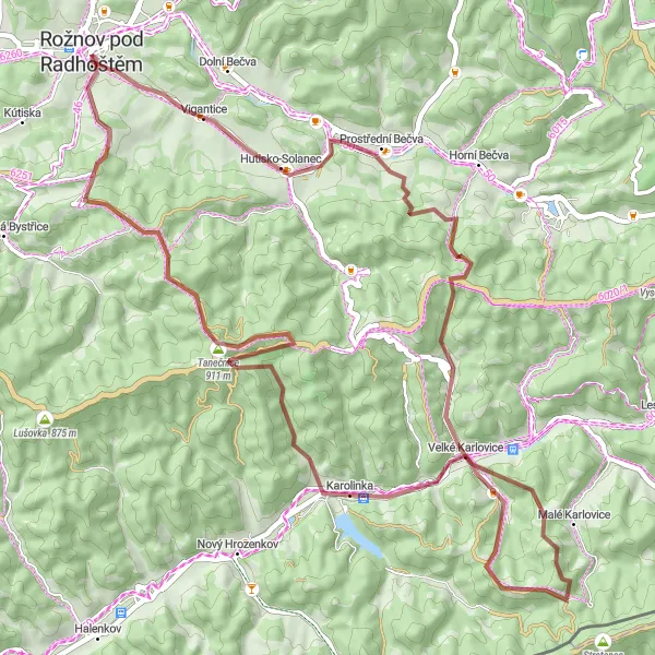 Miniatura mapy "Trasa Gravelowa z Rožnov pod Radhoštěm" - trasy rowerowej w Střední Morava, Czech Republic. Wygenerowane przez planer tras rowerowych Tarmacs.app